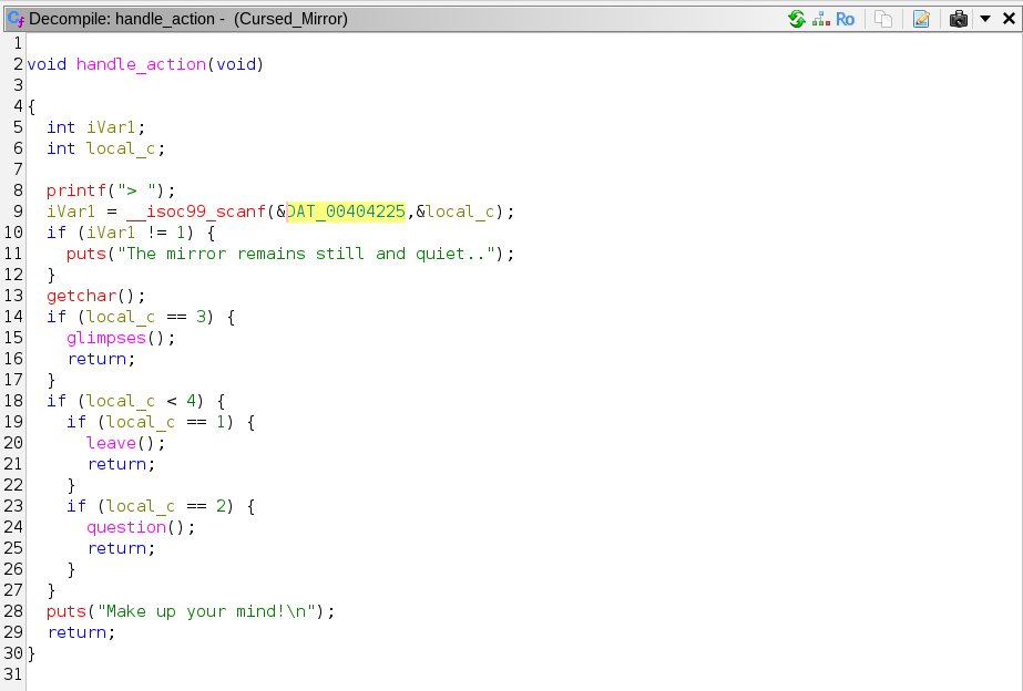 Ghidra: handle_action function Image